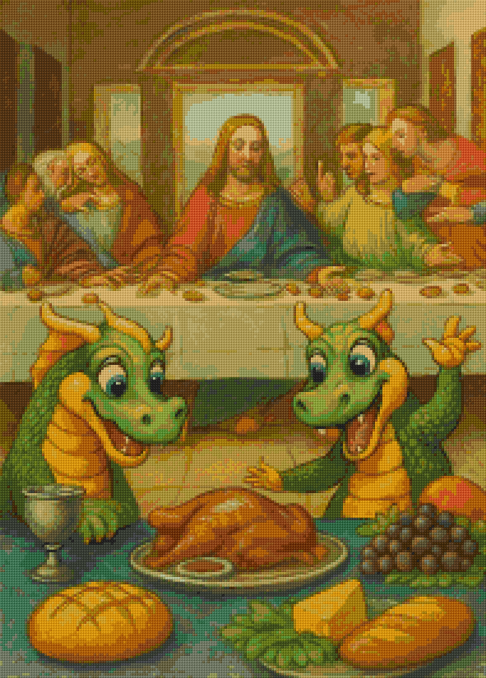 Preview of 50x70cm fantasy diamond painting with dragons at feast table. Square resin drills and soft canvas—whimsical DIY wall decor.