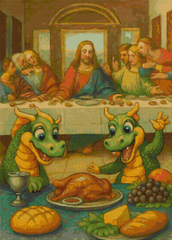 Preview of 50x70cm fantasy diamond painting with dragons at feast table. Square resin drills and soft canvas—whimsical DIY wall decor.