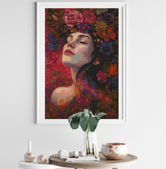 A stunning floral diamond painting featuring a serene woman surrounded by vibrant blooms, elegantly framed and displayed in a cozy, minimalist room — perfect as statement wall art.