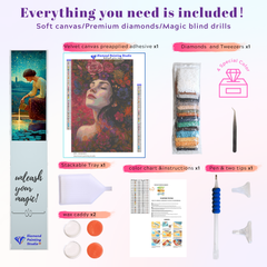 Full DIY diamond painting kit for “Floral Epiphany,” includes tools, colorful resin drills, and optional large canvas size — ideal for creative relaxation.