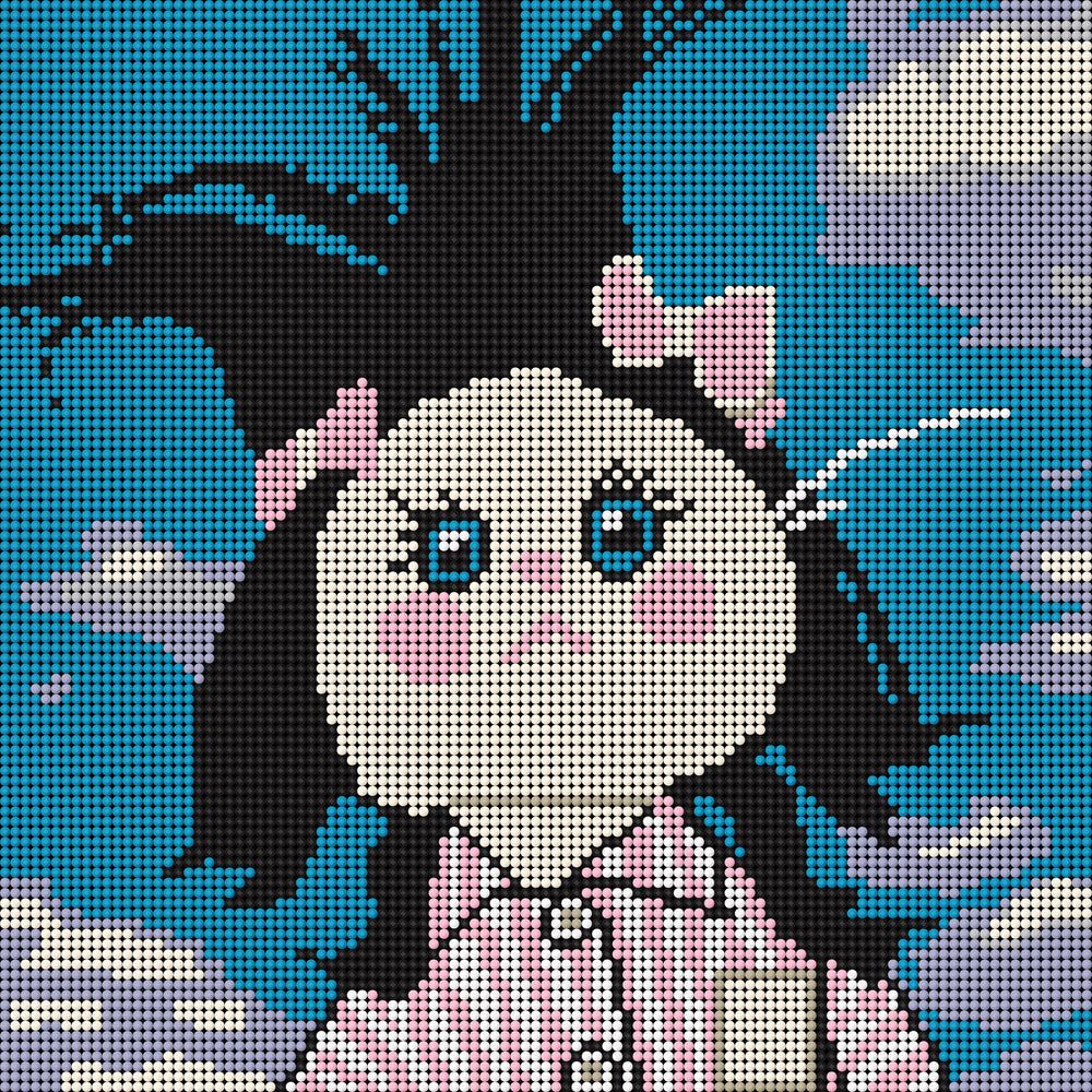 A charming small diamond painting of a fluffy kitten with bright blue eyes, a pink bow, and a striped shirt. The image captures the quirky yet adorable vibe of the Fluffy Bow Kitty character, making it a standout piece for cat lovers and those who enjoy cute DIY decor. Ideal as a friend gift or desk decoration, this funny diamond art project is easy to complete and brings a soft, playful mood to any small space.