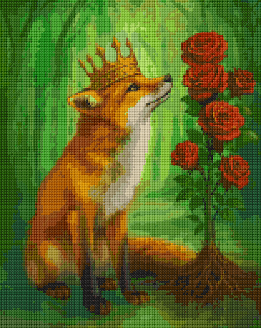 Diamond painting preview: The canvas is shiny and soft, with clear markings. After creation, the diamonds are vibrant and easy to use.Finished diamond painting of crowned fox in floral forest scene, ideal fox wall decor for DIY enthusiasts and animal lovers.