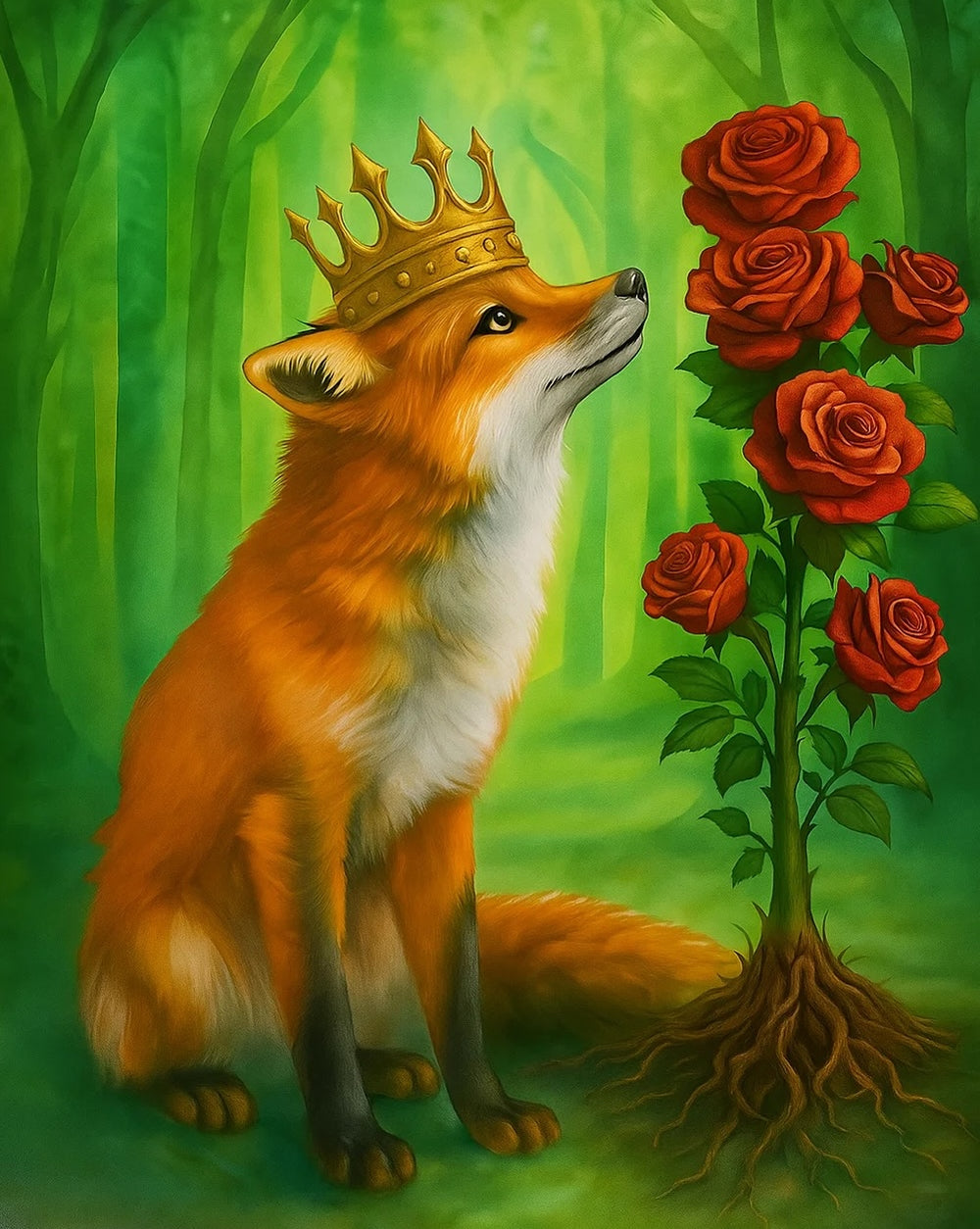 Crowned fox with roses in enchanted forest, 40x50cm square DIY diamond painting kit with resin drills and soft canvas for nature art lovers.