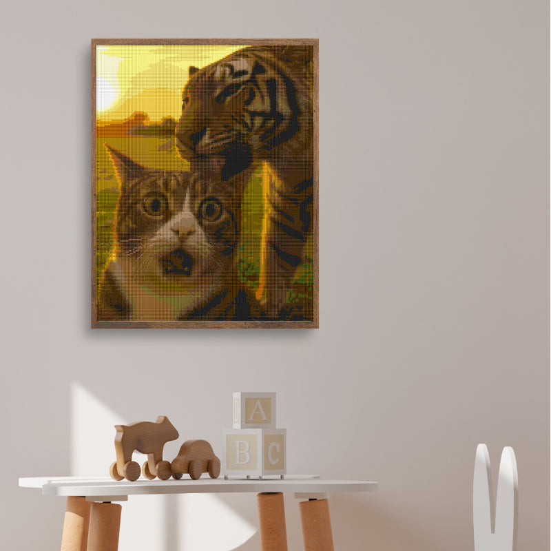 Framed diamond painting of a surprised cat with a tiger licking its head, a humorous wall art piece for animal lovers and those who enjoy quirky home decor.