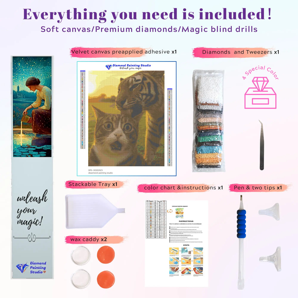 Complete diamond painting kit showing a funny cat and tiger duo, includes canvas, applicator pen, color drills, wax, tray, and instructions – beginner-friendly.