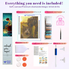 Complete diamond painting kit showing a funny cat and tiger duo, includes canvas, applicator pen, color drills, wax, tray, and instructions – beginner-friendly.