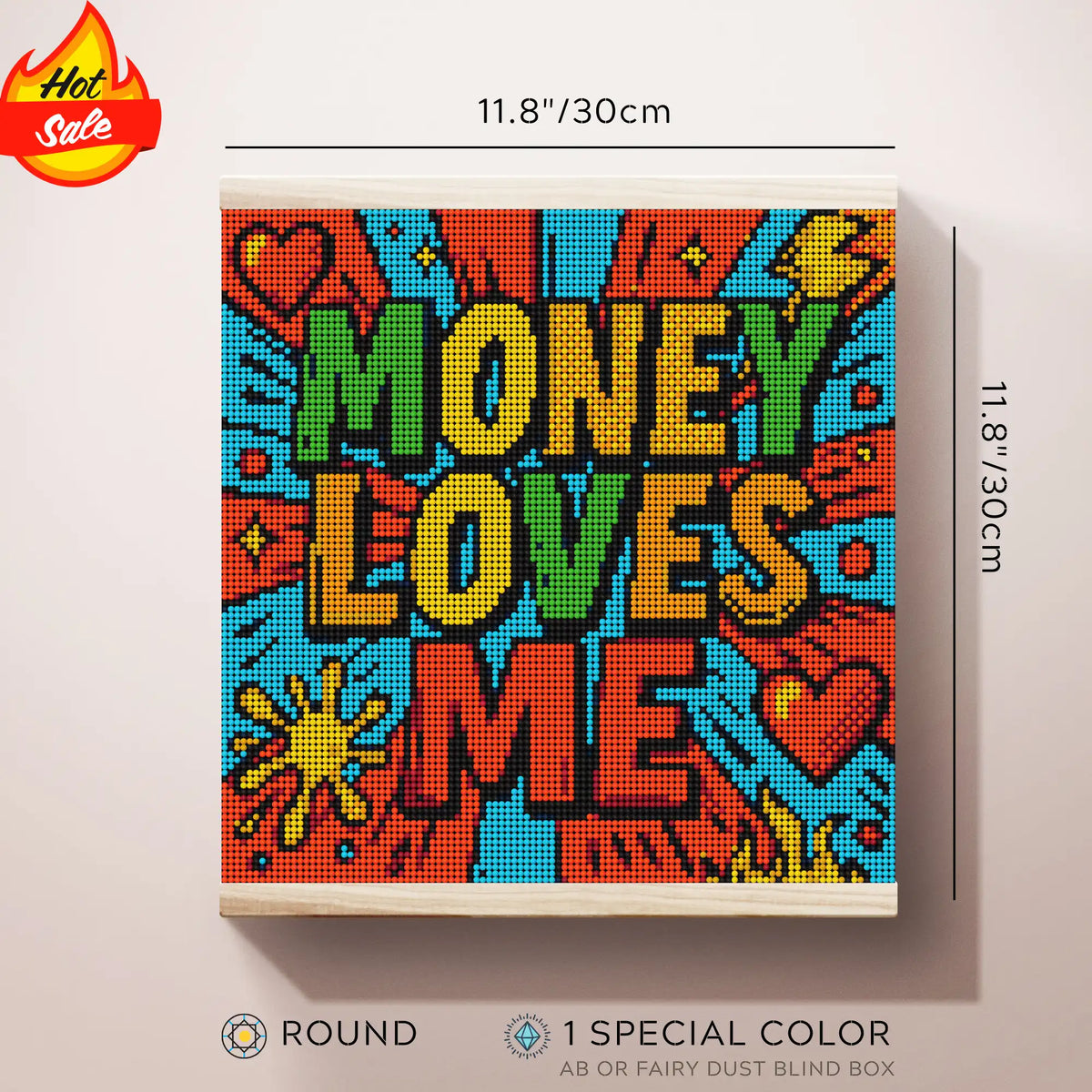 Funny cute mini diamond painting “Money Loves Me” in pop-art comic style, 30x30cm canvas with round drills and 1 AB special color. Beginner-friendly, fun to craft, and a bold decoration piece for home or office.