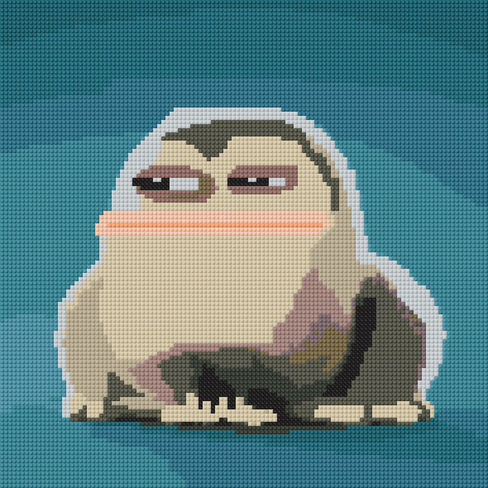 A grumpy frog character with a fuzzy beard and serious attitude, captured in pixel style. This small diamond painting is both humorous and oddly elegant, great for DIY fans who love quirky creatures with strong personality.