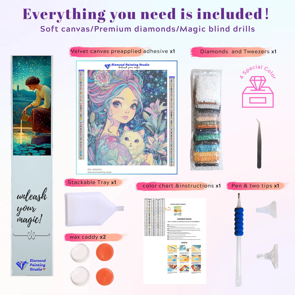 Full flatlay of girl and cat diamond painting kit including tools, canvas, and resin drills—great for beginners and cat lovers. Part of the Fantasy Art Diamond Painting series.