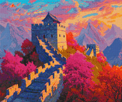 Close-up of diamond painting Great Wall scene with autumn trees and sunset over hills, perfect for history enthusiasts, nature admirers, or home art display in the Landmark series.