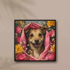 Framed diamond painting of a smiling dog wrapped in pink cloth, surrounded by roses, displayed above a modern neutral-toned cabinet — perfect cheerful wall decor.
