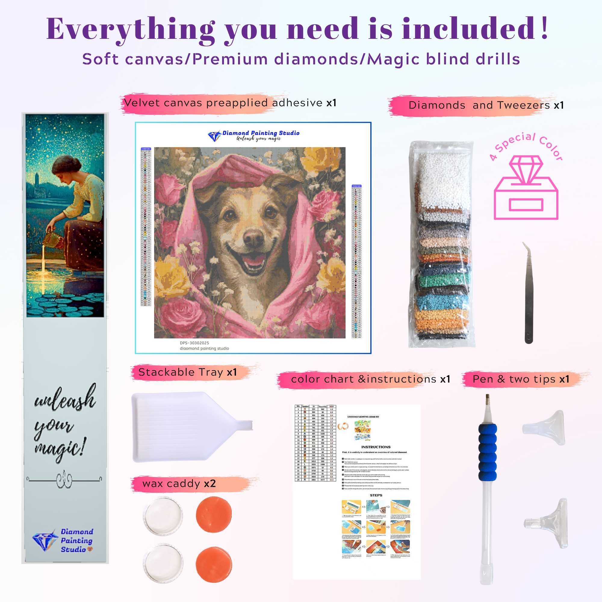 Full diamond painting kit for “Hooded Revelry,” includes tools, colorful resin drills, canvas with symbols, and beginner-friendly accessories.