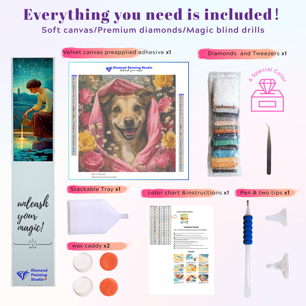 Full diamond painting kit for “Hooded Revelry,” includes tools, colorful resin drills, canvas with symbols, and beginner-friendly accessories.