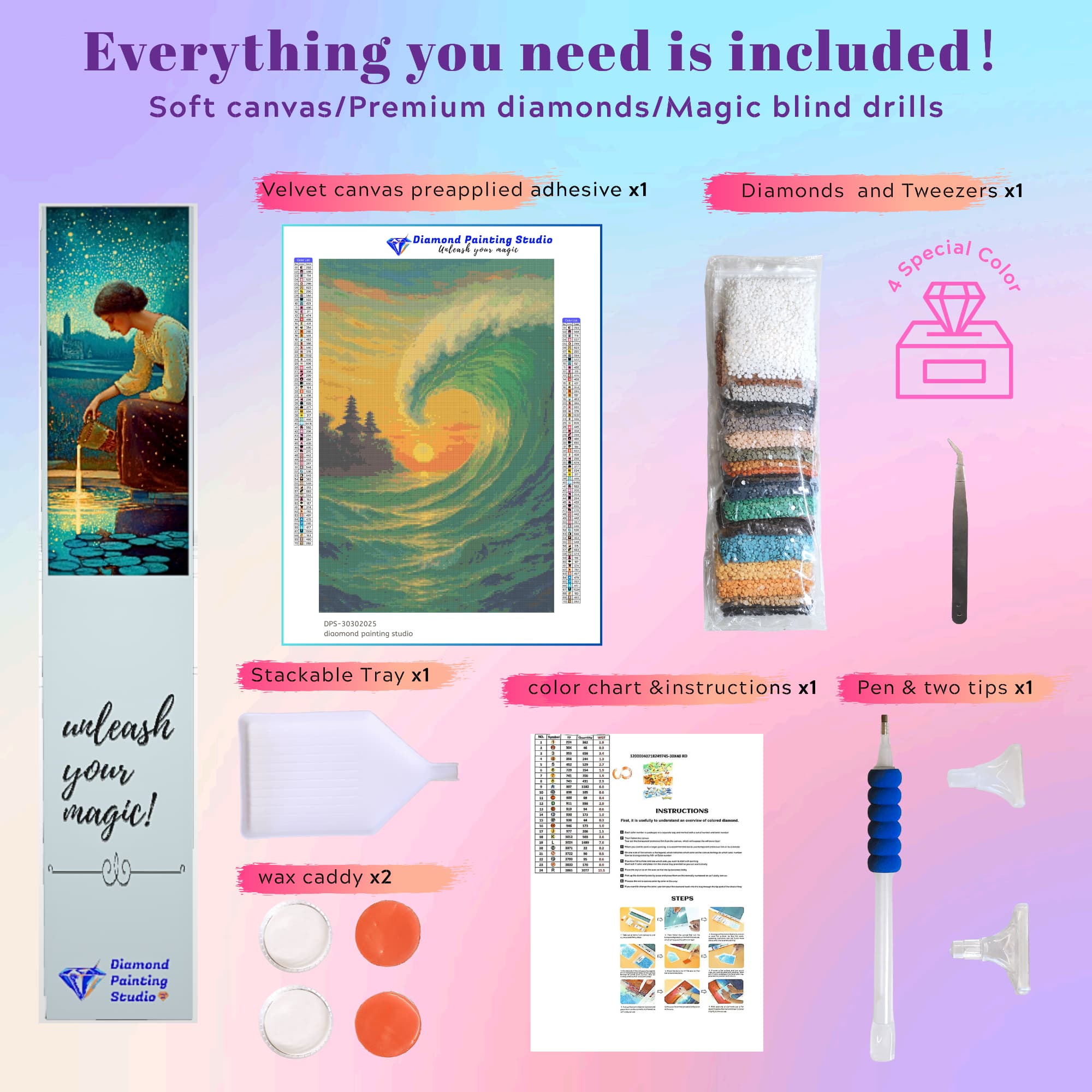 All contents of the diamond painting kit laid out, including the canvas, diamond drills in bags, a pink drill pen, a wax pad, and a white tray.