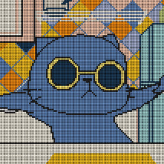 Pixelated close-up of the Kitchen Cat wearing sunglasses and a confident look. This small diamond painting is a perfect mix of humor and feline sass, offering a playful yet stylish vibe for kitchen wall art, DIY hobby shelves, or quirky desktop decor. A delightful gift for cat lovers or anyone who enjoys cooking with a side of attitude.
