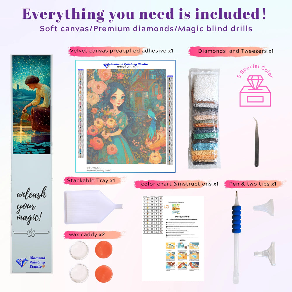 Flatlay of lady with flowers diamond painting kit showing canvas, tools, and resin drills—perfect DIY set for beginners and floral art fans. Part of the Fantasy Art Diamond Painting series.