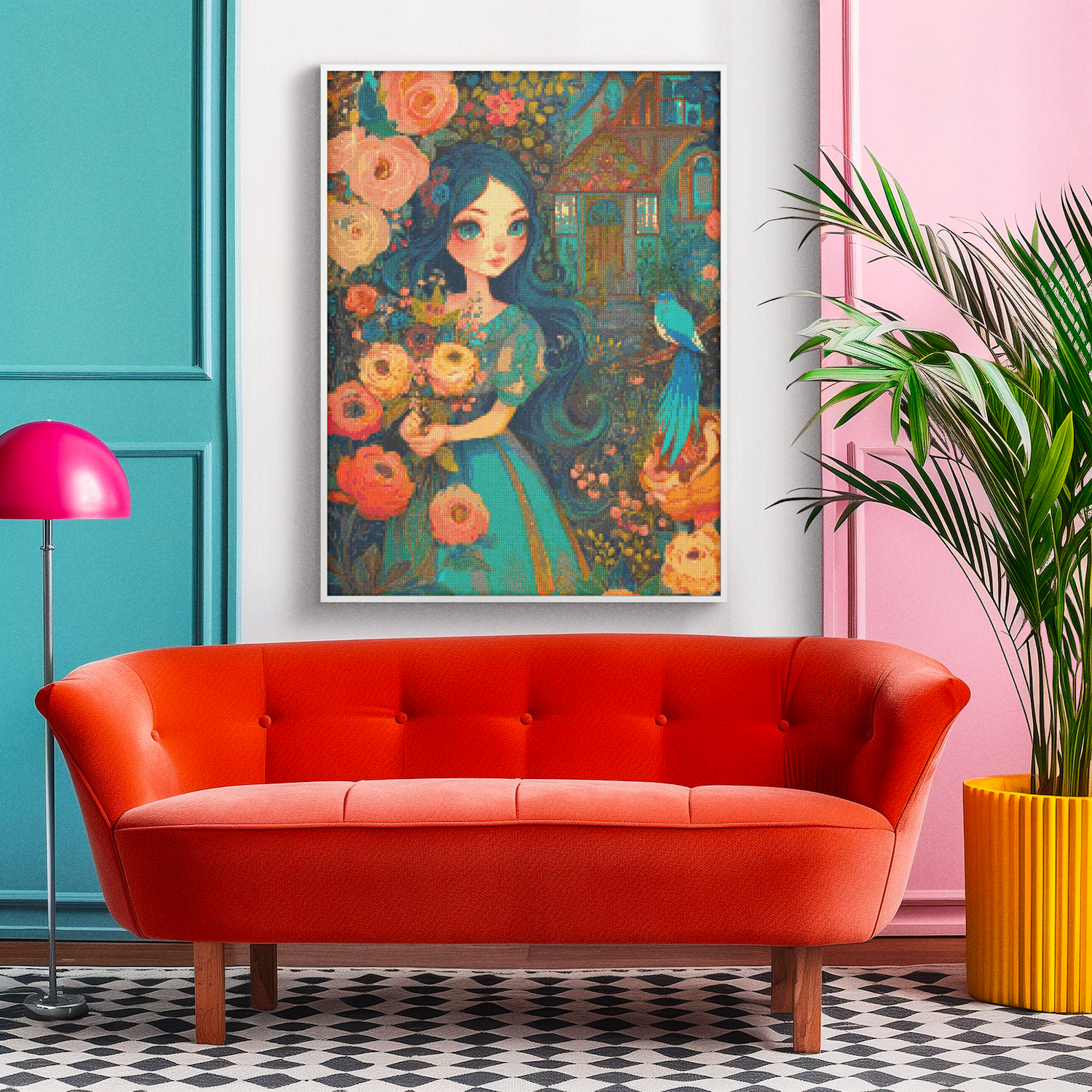 Elegant lady with orange flowers diamond painting displayed in vibrant living room decor. Ideal for art lovers and cozy home vibes. From the Fantasy Art Diamond Painting series.