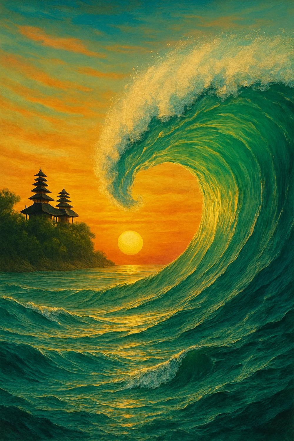 Diamond painting of a peaceful sunset with a large emerald wave and a golden sun setting over the ocean, with a temple in the distance.