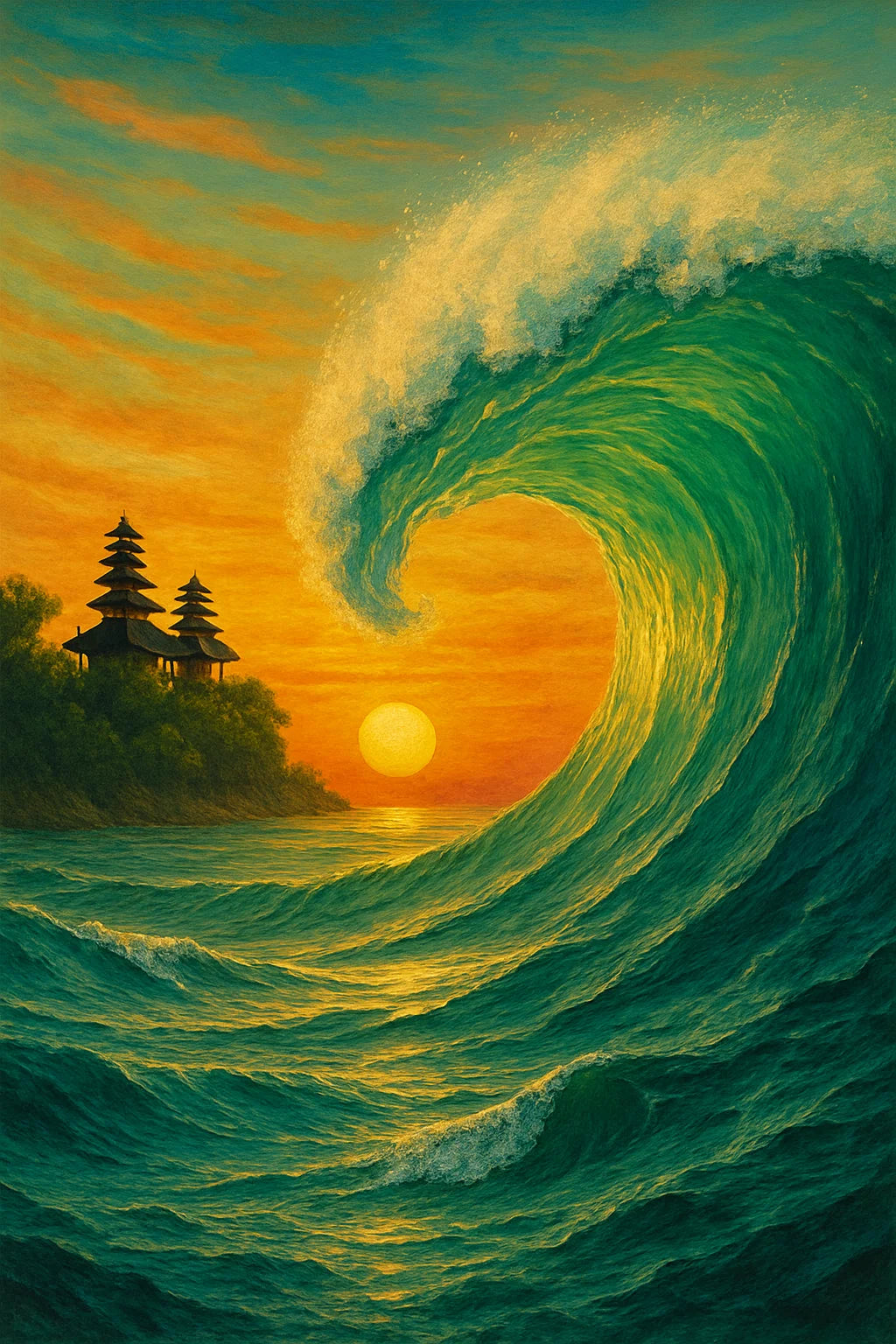 Diamond painting of a peaceful sunset with a large emerald wave and a golden sun setting over the ocean, with a temple in the distance.