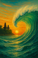 Diamond painting of a peaceful sunset with a large emerald wave and a golden sun setting over the ocean, with a temple in the distance.