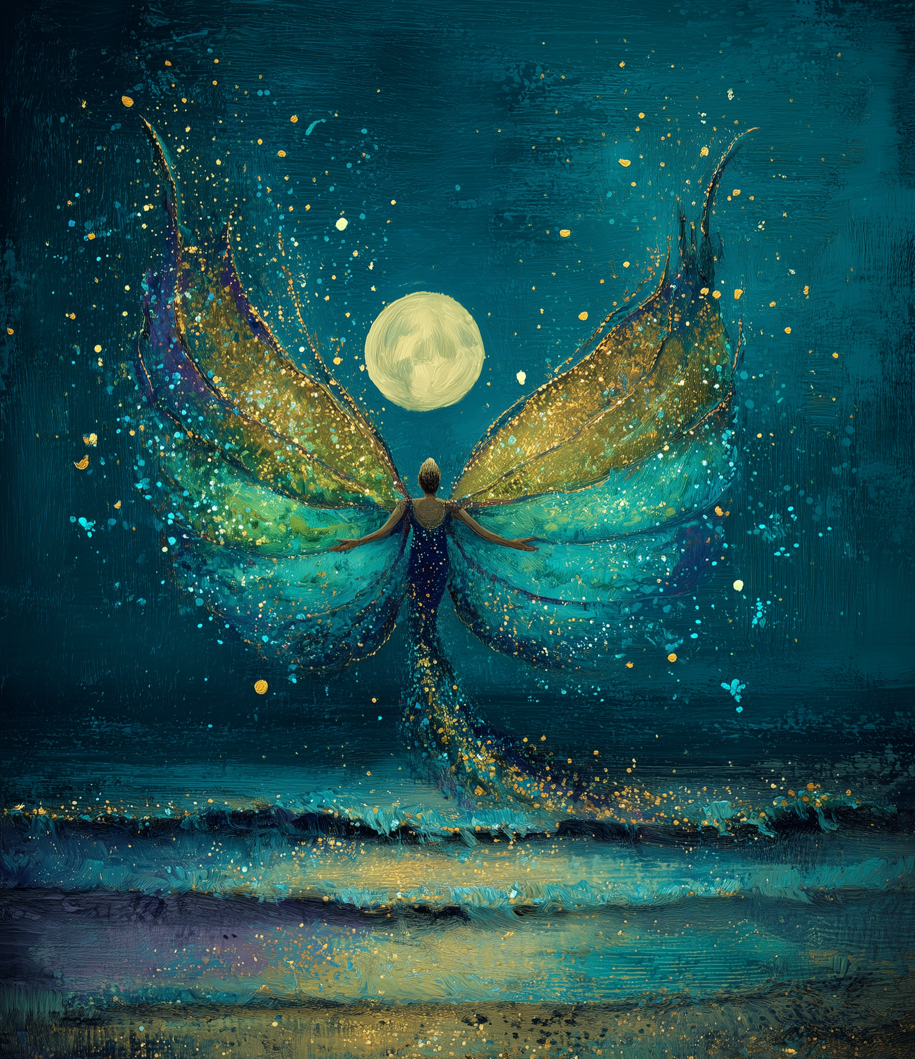 50x60cm Mermaid Angel Rising diamond painting kit—gold-winged mermaid ascends under moonlight by the sea. Square resin drills and soft canvas for spiritual fantasy lovers.