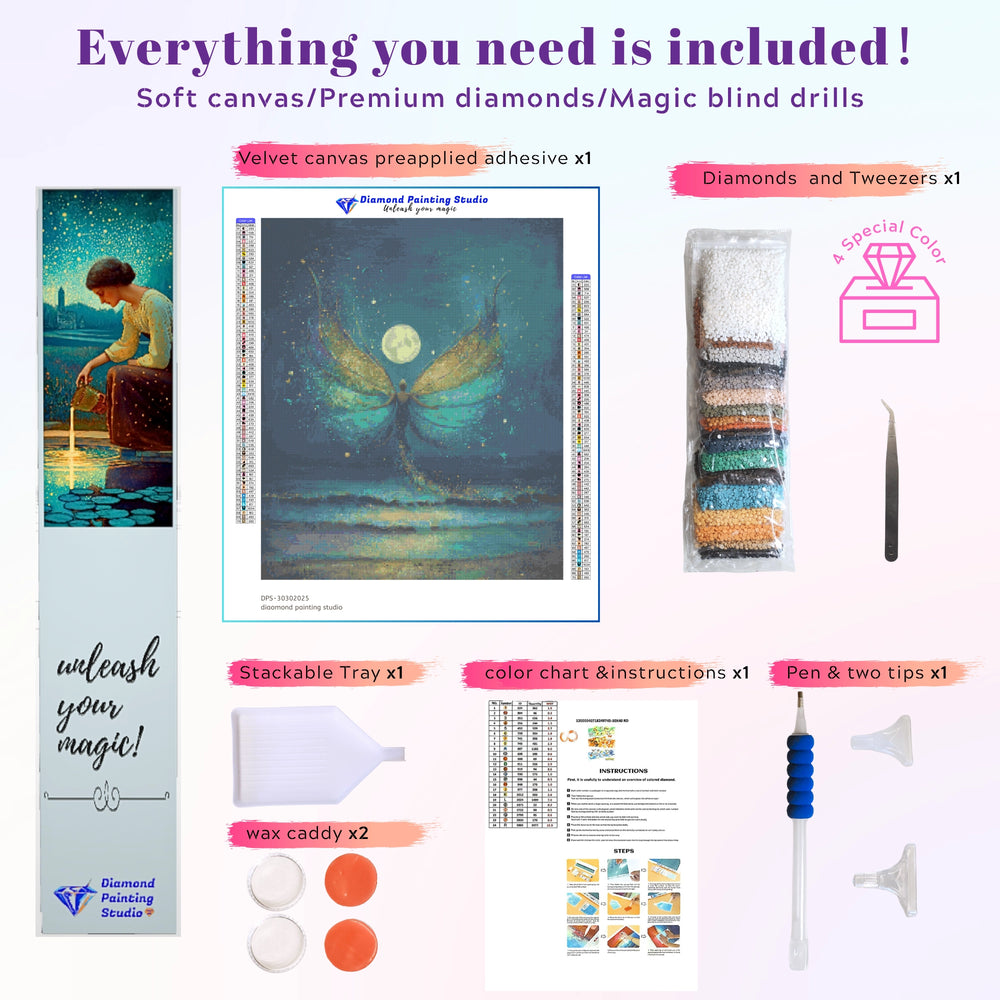 Full DIY diamond painting kit with mermaid angel canvas, drills, and tools—perfect for beginners and gift-givers.