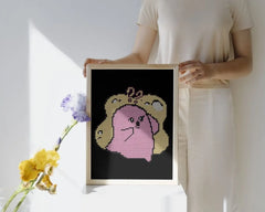 Completed mini cute ghost diamond painting, framed as wall art in pink-beige tones. 20x30cm with 3,229 round drills, 5 colors including AB drill. Ideal for cozy home décor or creative gift idea.