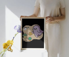 Framed mini cute Ghost with Watering Can diamond painting as wall art. Purple pastel tones, 20x30cm with 3,123 round drills, 10 colors plus 1 AB or Fairy Dust drill. Gentle décor or gift for plant lovers.