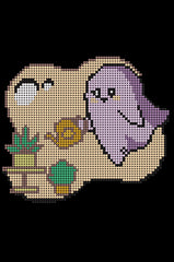 Mini small cute diamond painting kit “Ghost with Watering Can” in purple and beige tones, with watering plants detail. Size 20x30cm, 3,123 round drills, 10 colors plus 1 AB or Fairy Dust special drill. Perfect mindful DIY craft for beginners.