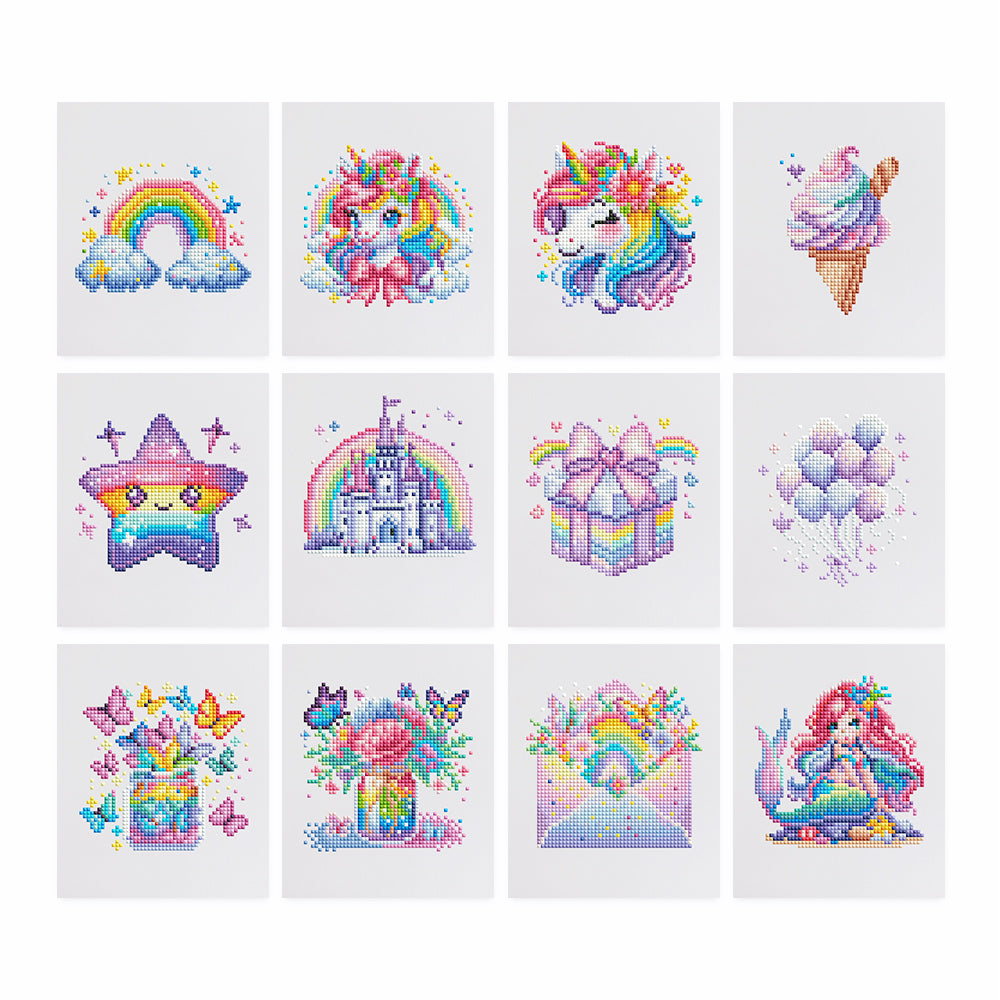 Vibrant fantasy diamond painting kit featuring magical creatures like unicorns with rainbow manes, a mermaid, and whimsical scenes with ice cream and starry gifts, all in a bright, playful palette.