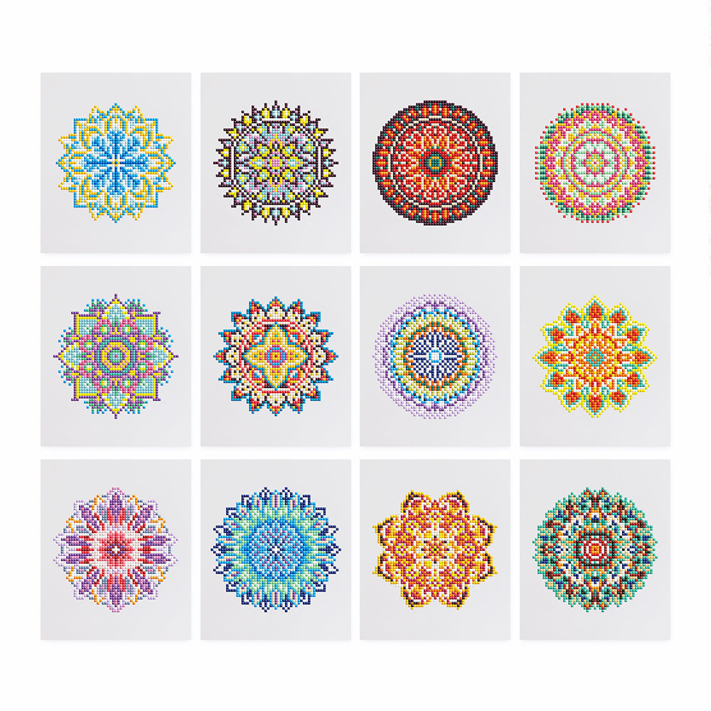 This vibrant DIAMOND PAINTING collection features intricate and colorful mandala designs, offering a captivating display of symmetry and harmony. Each piece is meticulously designed to create a beautiful balance of bright colors, making them a delightful and engaging project for those who appreciate the beauty of geometric art. The detailed diamonds capture the mesmerizing patterns of these mandalas, creating a peaceful yet dynamic atmosphere that will enhance any room with a touch of elegance and calm. 