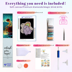 Mini small cute Angry Ghost diamond painting kit tools: soft 20x30cm canvas, 3,585 round drills in 9 colors plus 1 AB or Fairy Dust special drill, applicator pen, tray, and wax. Complete DIY craft set for beginners.