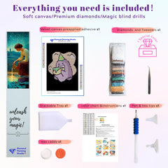 Mini small cute Cake-Loving Ghost diamond painting kit tools: soft 20x30cm canvas, 3,421 round drills in 11 colors plus 1 AB or Fairy Dust special drill, applicator pen, tray, and wax. Complete beginner-friendly DIY craft set.