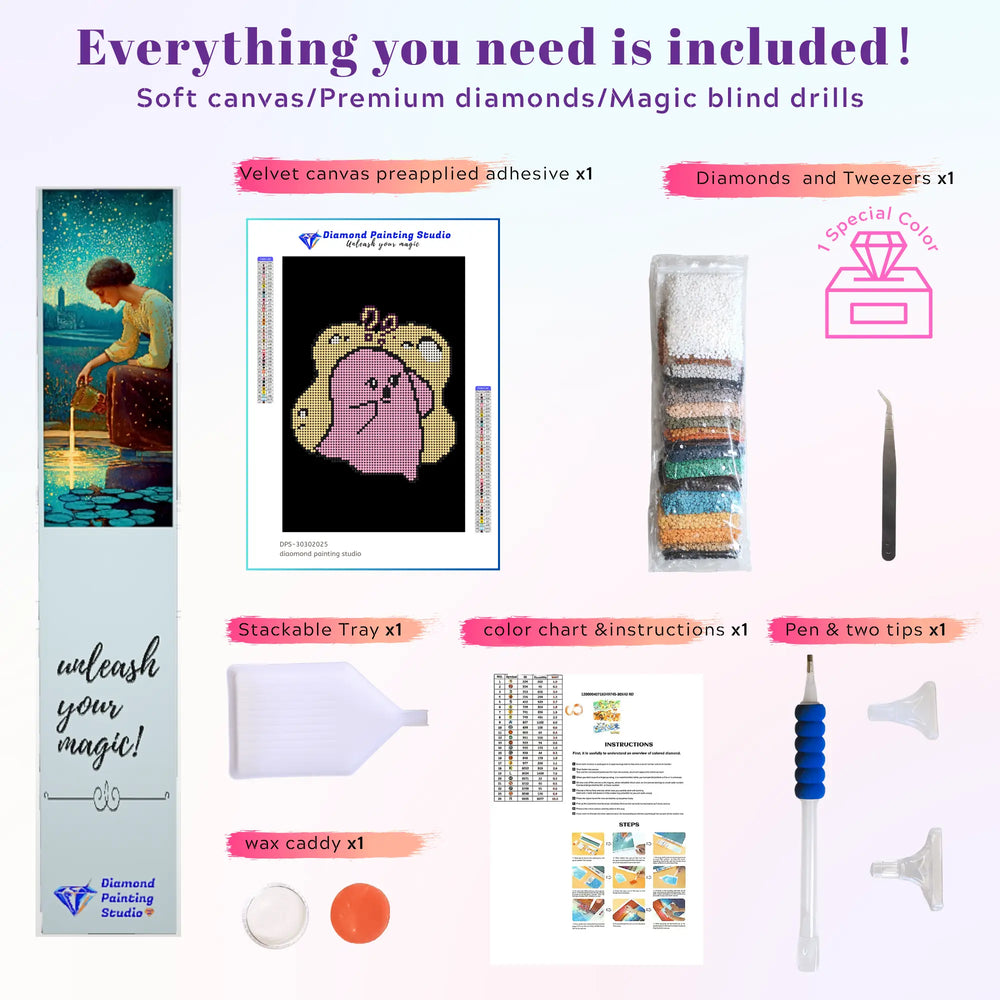 Mini small cute diamond painting kit “Confused Ghost” tools: soft 20x30cm canvas, 3,229 round drills in 5 pastel colors including AB dust drill, applicator pen, tray, and wax. Complete beginner-friendly DIY set.