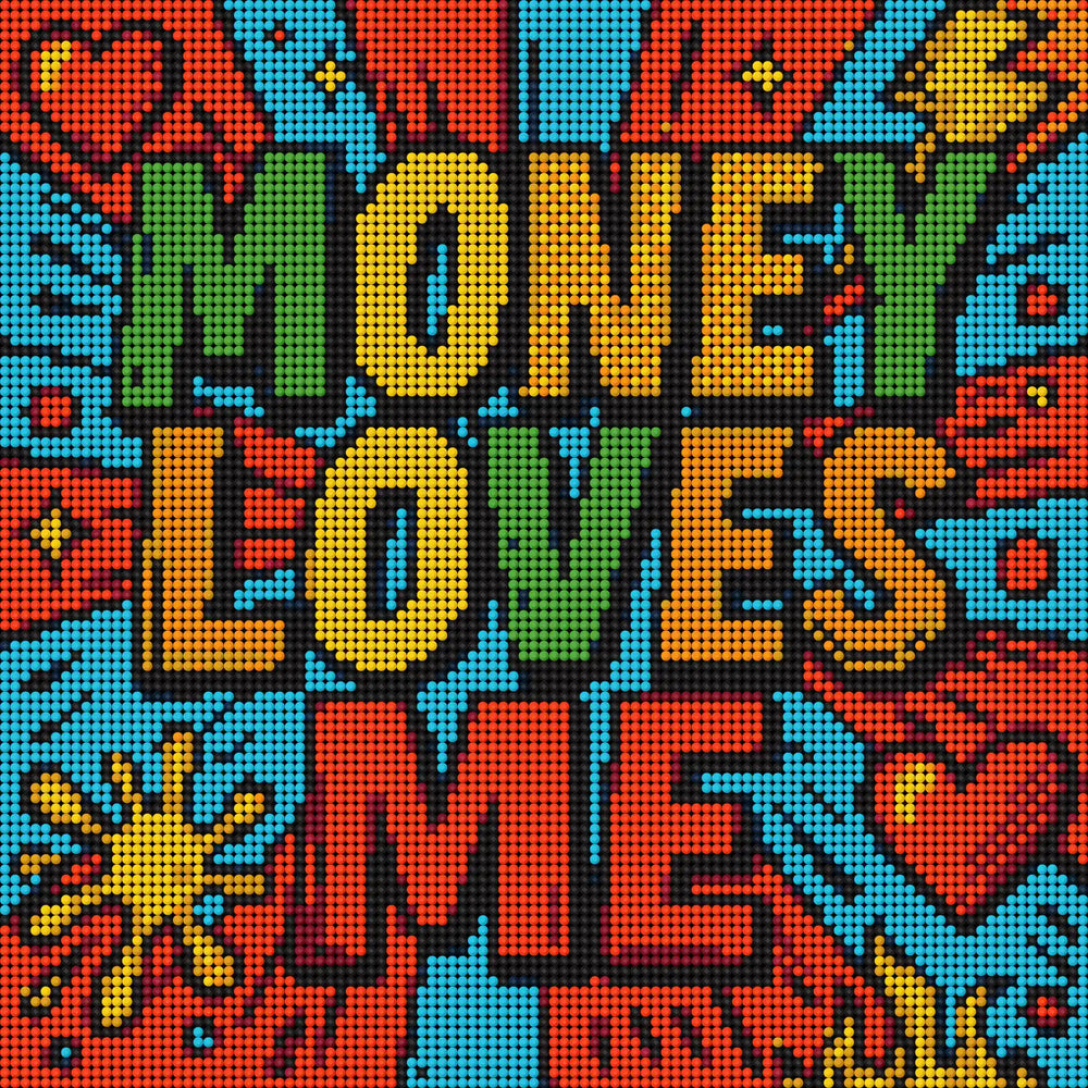 Mini small funny diamond painting kit “Money Loves Me” in bold comic style, 30x30cm round design with 1 AB drill. Perfect for beginners seeking a fun and creative art break, ideal for quick DIY home décor.