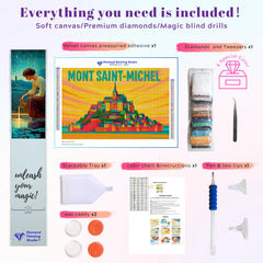 The full Mont Saint-Michel Diamond Painting Set from the Landmark Series. The image shows the rolled canvas, a vibrant set of diamond drills, and all the tools needed for a beginner or experienced crafter. This kit is a fun creative project for a rainy weekend at home.