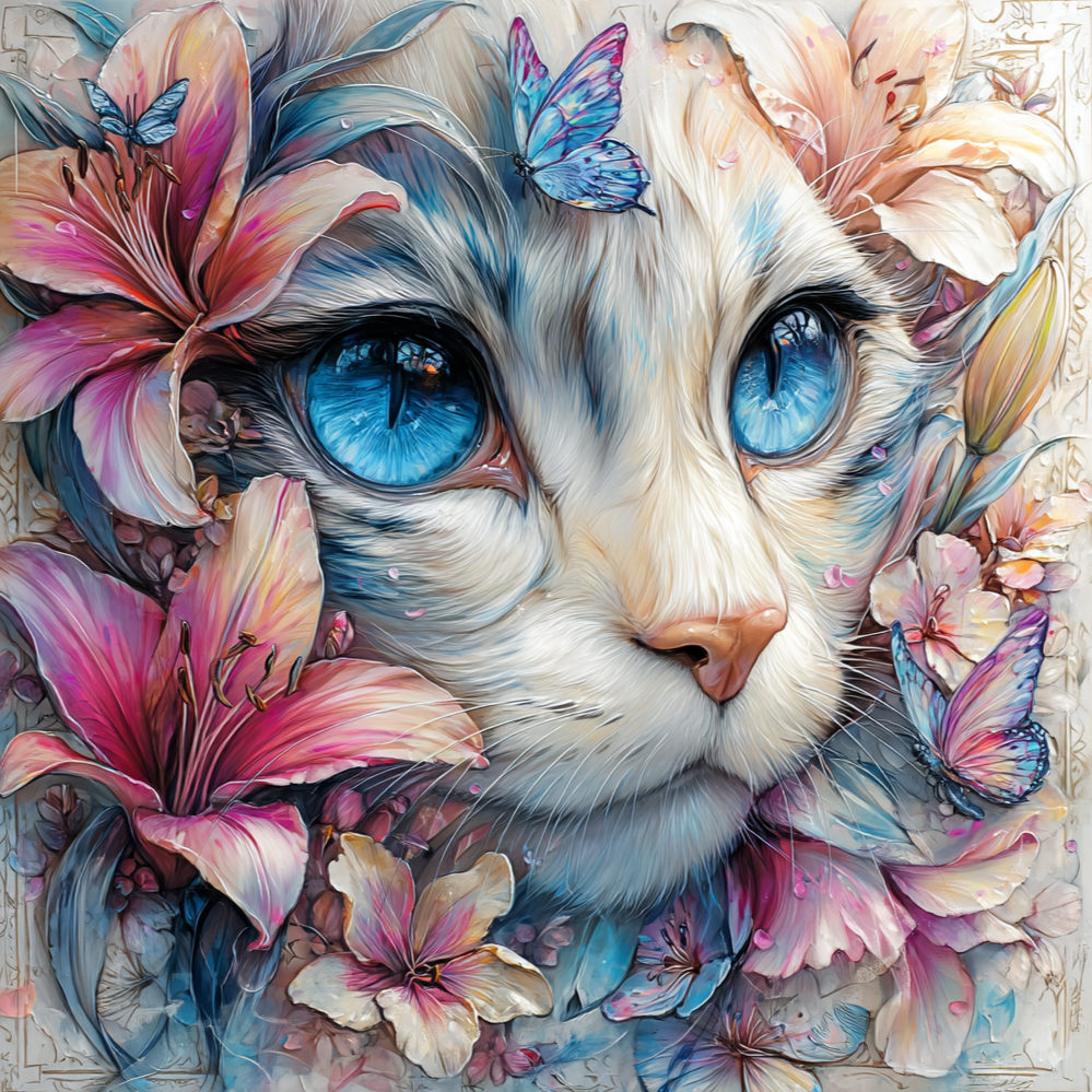 40x40cm diamond painting of mosaic-style white cat with blue eyes. Features square resin drills and soft printed canvas for cat art lovers.
