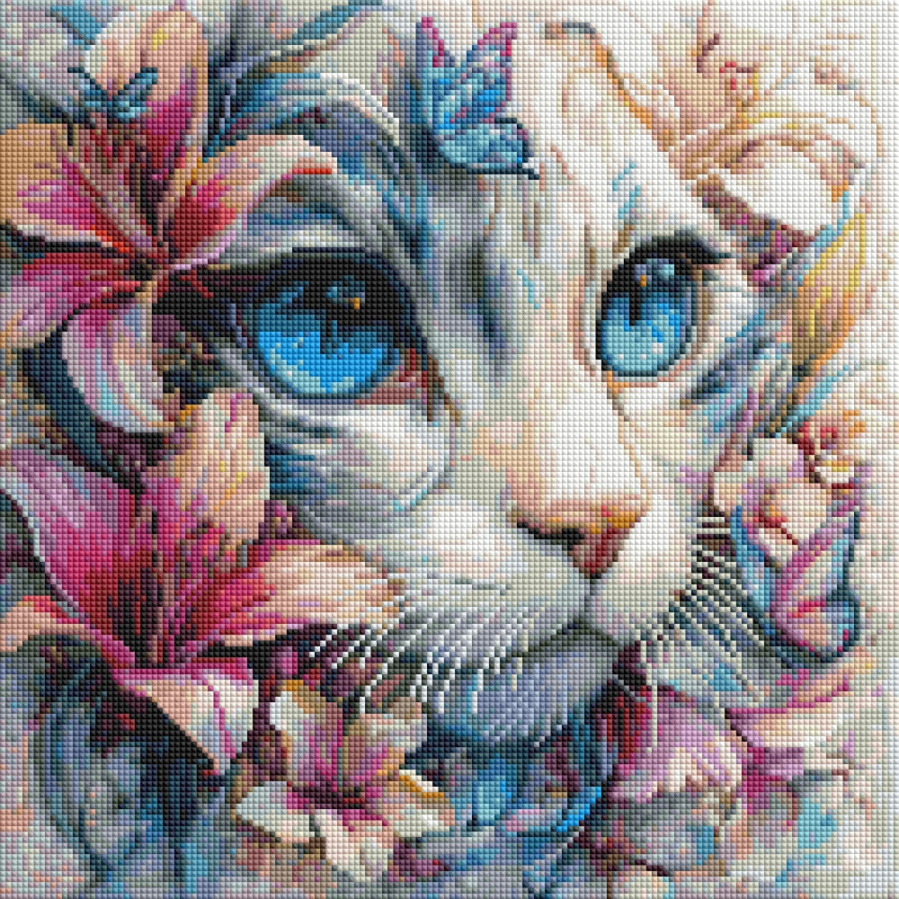 Preview of 40x40cm cat mosaic diamond painting kit with square drills and pastel floral accents. Elegant DIY wall art for feline fans.