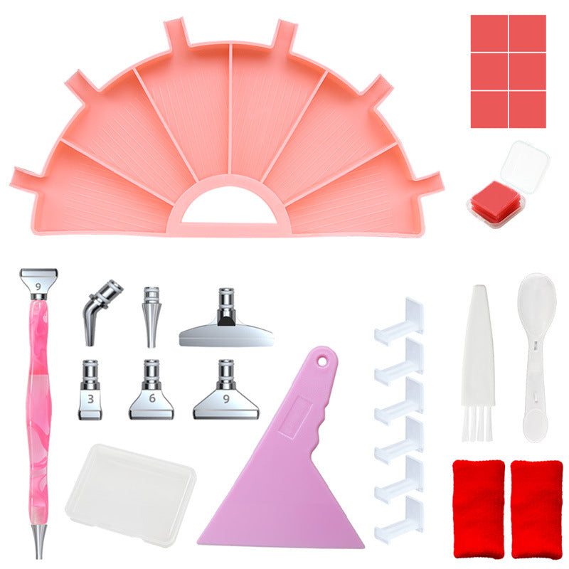 Multi-function diamond painting half round tray kit in pink with palette tray, clay blocks, correction tool, spoon, brush, labels, and storage box, keeping beads organized and crafting easier for beginners and pros.