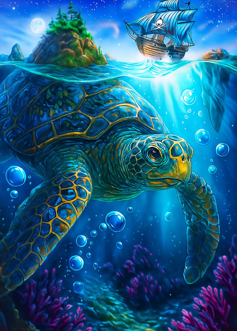 50x70cm diamond painting kit of a glowing sea turtle in cosmic ocean reef. Square resin drills, soft canvas—perfect for ocean lovers and spiritual DIY art.