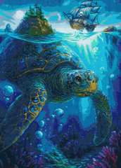 Preview of spiritual ocean diamond painting kit with turtle and coral. 50x70cm square resin drills, relaxing DIY wall decor.
