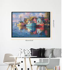 Peaceful Lakeside Cabin Reflection diamond painting displayed as framed wall decor, part of the Nature Series and Large Canvas Collection. This DIY diamond art kit captures a serene lakeside view with colorful cabins and fishing boats mirrored in the calm water. The finished artwork shines with premium resin drills, creating a sparkling, lifelike masterpiece. Perfect for stress relief and mindful crafting, this kit is suitable for adults, hobbyists, and anyone seeking a creative escape. Once completed, it b