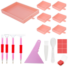 Complete pink diamond painting tool set with trays, pens, wax, and accessories – ideal for beginners and experts seeking an organized DIY workflow.