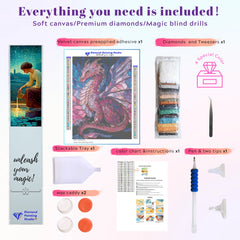 DIY diamond art kit featuring a pink fantasy dragon, shown with full set of tools—perfect for beginners and fans of mythical creatures.
