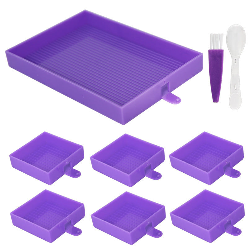 Purple diamond painting tray kit featuring 1 large tray, 6 small trays, and crafting tools – perfect for efficient diamond sorting.