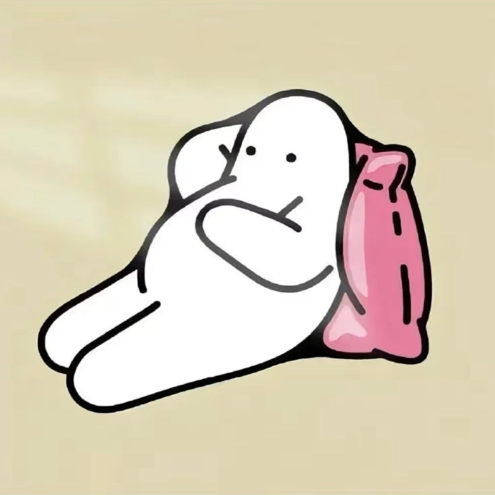 A relaxed cartoon figure lying on its back with a pink pillow, ideal for anyone seeking calm, peace, and cute minimalist art.