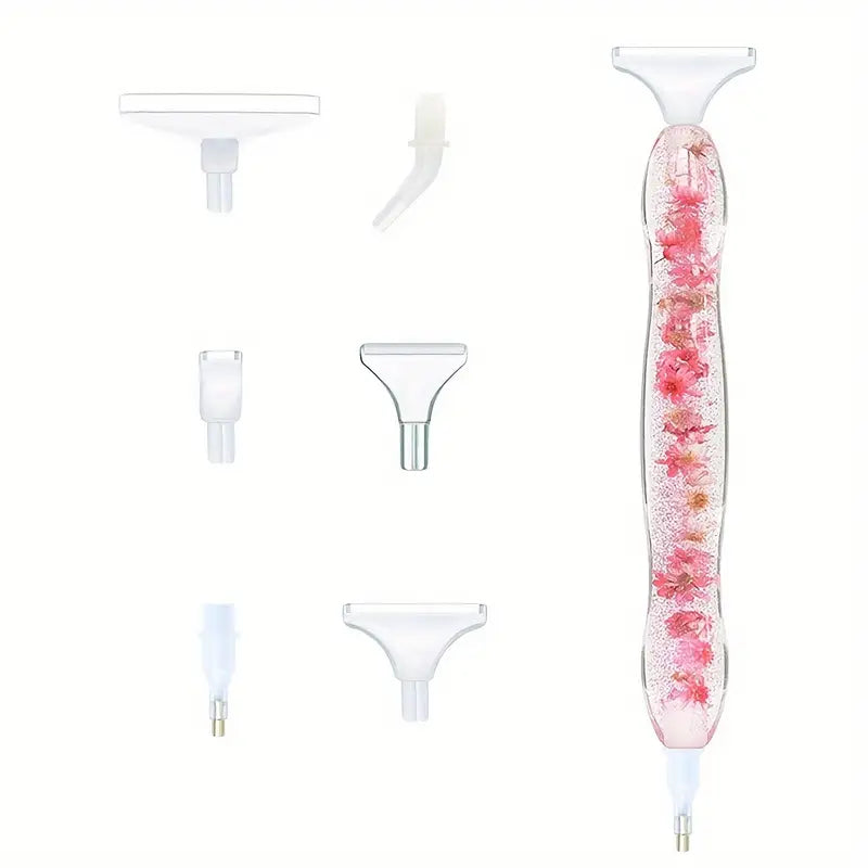 Diamond painting pen filled with pink flowers and 6 plastic tips – ideal for long, relaxing art sessions and beginners.