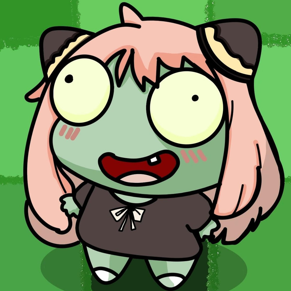 A cartoon-style zombie girl with wide eyes and a goofy expression, standing against a green background. Perfect for quirky art lovers and fans of spooky cute humor in diamond painting kits.