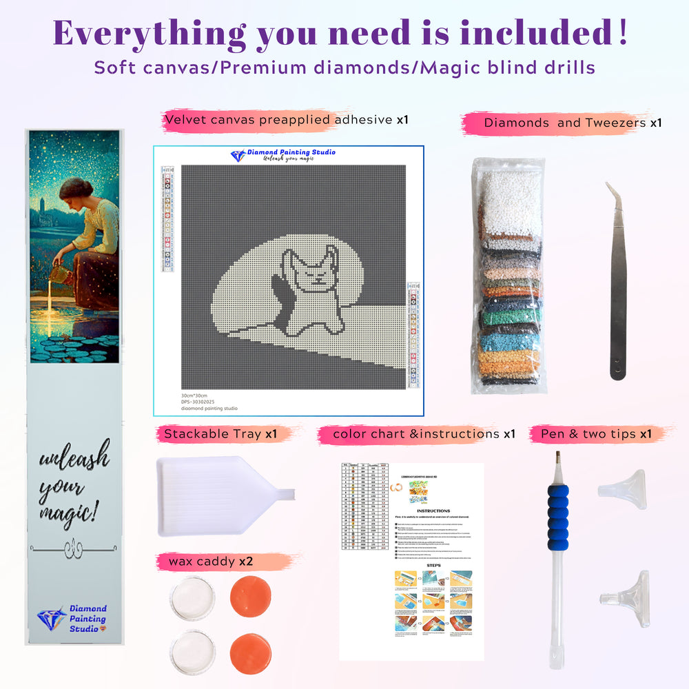 Preview of full diamond painting kit for the Shadow Cat design, including pen, tray, wax, and pre-printed canvas — beginner-friendly and perfect for crafting a funny DIY art gift.