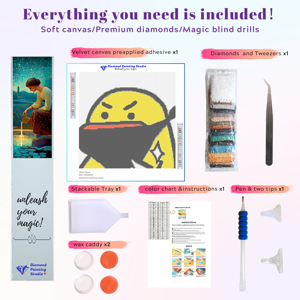 Full diamond painting tool preview for Sneaky Duck kit — includes everything needed for a stress-relieving and funny crafting session.